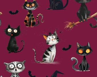Des chats d'Halloween bordeaux ! 100 % coton tissu nouveau design d'halloween mètres/gras/long/quarts matelassage patchwork artisanat couture costume effrayant