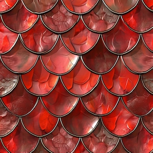 May include: A seamless pattern of red, overlapping scales with a metallic gold trim. The scales have a textured, slightly raised appearance, creating a three-dimensional effect. The overall design evokes a fantasy or mythical theme.