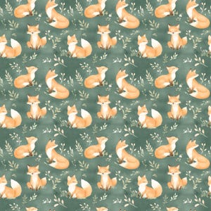 May include: A repeating pattern featuring orange foxes in different poses on a muted teal green backdrop. White and light green sprigs and leaves surround the foxes. This design is suitable for fabric, wallpaper, or other decorative applications.