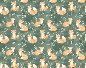 Woodland Foxes on Green 100% Cotton Fabric NEW Design Metres/Fat/Long/Quarters Quilting Patchwork Crafting Sew: Wildlife Nature Woods Forest