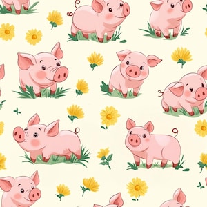 Op de afbeelding: Een herhalend patroon van roze cartoonvarkens in verschillende poses op een crèmekleurige achtergrond. De varkens staan op groene grasvlekken, met gele paardenbloemen.