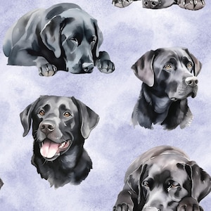 May include: A seamless pattern featuring black Labrador Retriever dogs in various poses on a light purple background. The dogs are depicted in a watercolour style.
