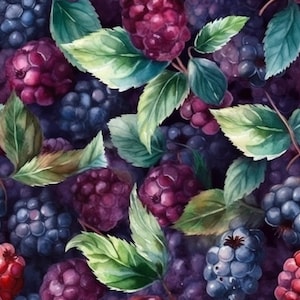 May include: Watercolor illustration of a seamless pattern featuring ripe blackberries and raspberries. The berries are in shades of deep purple, red, and blue, with green leaves and stems. The design has a natural, organic feel.