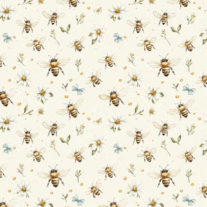 May include: A repeating pattern of watercolour bees, daisies, small blue bows, and sprigs of greenery on a cream background. The bees have detailed wings and striped bodies, creating a whimsical, nature-inspired design.