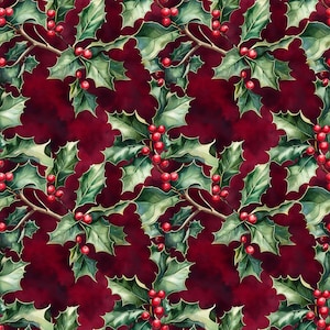 Puede incluir: Un patrón sin costuras con ilustraciones de acuarela de hojas de acebo y bayas rojas sobre un fondo rojo oscuro.