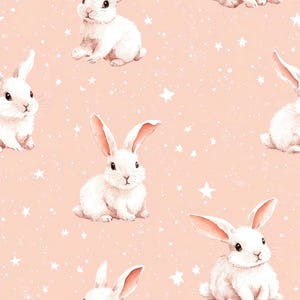 May include: A repeating pattern featuring white rabbits and white stars on a pale pink backdrop. The rabbits are illustrated in a watercolour style, with long ears and a fluffy appearance. The stars are scattered across the background.