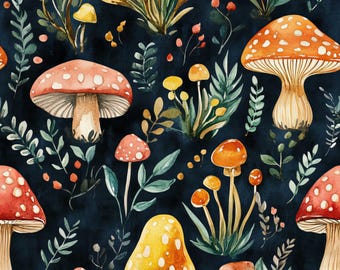 Champignons sauvages ! Tissu 100 % coton : NOUVEAU design Woodland Mètres/Gras/Long/Quartiers Quilting Patchwork Artisanat Coudre Champignons vénéneux Feuilles de la forêt