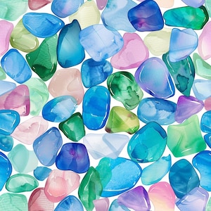May include: A seamless pattern of watercolour painted stones in shades of blue, green, pink, and purple. The stones are arranged in a random pattern and are all different shapes and sizes.