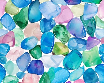 ¡Vibrantes piedras de vidrio marino! Tela 100 % algodón. NUEVO diseño inspirado en el océano. Metros, yardas, cuartos, acolchado, patchwork, costura y confección.