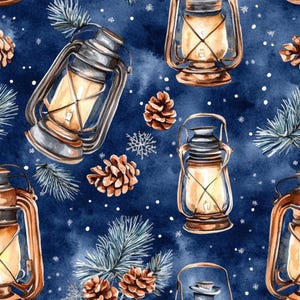 Könnte beinhalten: Aquarellillustration eines nahtlosen Musters mit Vintage-Laternen, Tannenzapfen, Schneeflocken und Kiefernzweigen auf dunkelblauem Hintergrund. Die Laternen haben ein warmes, leuchtendes Licht.