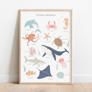 Art mural océan, impression d'art éducatif animaux marins pour chambre d'enfant, poster animalier Montessori