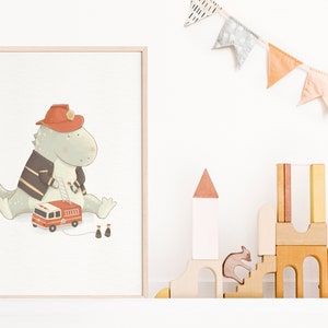 Dinosaur Firefighter: Custom Kids' Room Wall Art Print, Fire Truck Children Wall Art, T-rex Nursery Poster image 3