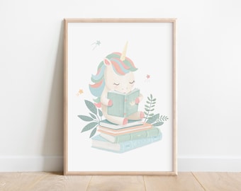 May include: A pastel-colored unicorn with a rainbow mane sits on a stack of books and reads a green book. The unicorn is surrounded by green leaves and stars.