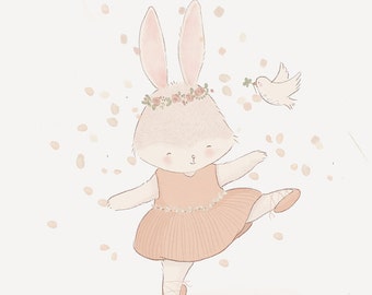 Personalised Cute Dance Print, Adorable Bunny Ballerina Nursery Art Print, Rabbit Dancer Childrens Room Wall Art,  Ballet Girl Poster