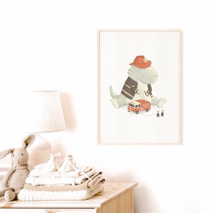 Dinosaur Firefighter: Custom Kids' Room Wall Art Print, Fire Truck Children Wall Art, T-rex Nursery Poster image 2