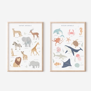 Arte mural de safari y océano, impresión artística educativa de animales marinos para habitación infantil, póster de animales para decoración de guardería Montessori, descarga digital