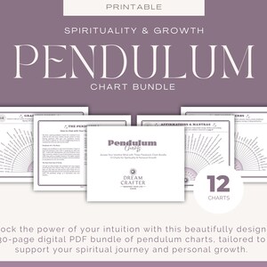 May include: A printable PDF bundle of 12 pendulum charts for spirituality and personal growth. The charts are designed to help you access your intuitive mind with these pendulum charts. The bundle includes 30 pages and is titled "Pendulum Charts".