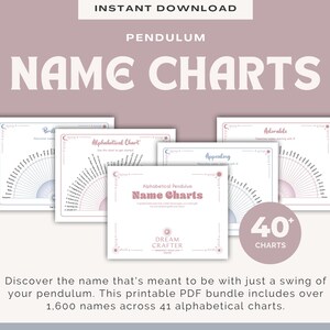 Puede incluir: Una descarga digital con gráficos de nombres de péndulo. La imagen muestra varios gráficos blancos con un diseño semicircular y texto. Los gráficos están etiquetados con palabras como "Brilliant" y "Adorable". La imagen también incluye el texto "Name Charts" y "40+ Charts".