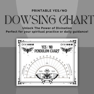 Könnte beinhalten: Ein druckbarer Schwarzweiß-Wünschelrute-Chart mit einem Mottiv. Der Chart ist mit "YES/NO Pendulum Chart" beschriftet und hat eine kreisförmige Skala mit Zahlen von 0 bis 100. Die Wörter "CLOCKWISE YES" und "COUNTERCLOCKWISE NO" stehen auf dem Chart.