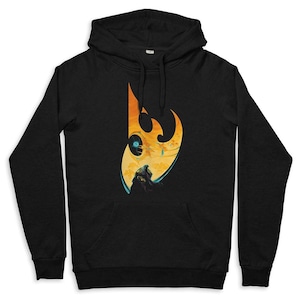 May include: Black hooded sweatshirt with a vibrant graphic. The design features a stylized flame shape in orange and yellow, enclosing a detailed illustration of a figure and a celestial body. The hoodie has a front pocket and a drawstring hood.