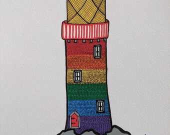 Rainbow, Lighthouse, Art Print,Hand-drawn,Colourful, Original
