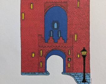 St.Laurence Gate, Drogheda, Co Louth, historisch monument, Barbican, Ierland, handgetekende kunstafdruk, kleurrijk