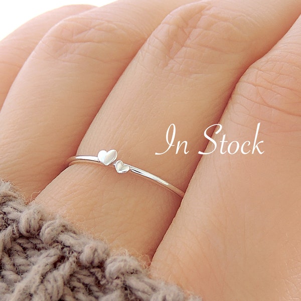 Dainty Twin Hearts Ring (in stock) / Cute Delicate Stacking Heart Ring / Simple Tiny Kawaii Heart Ring / Sterling Silver