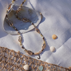 Beaded Cowrie Shell Necklace with Personalized Initial Charm