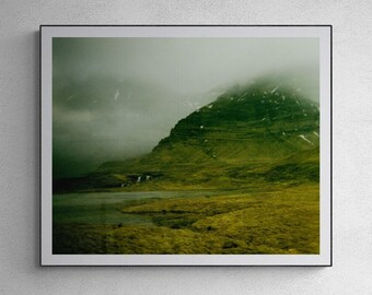 Iceland Photography Print of mountainside waterfall Modern green and black Scandinavian landscape for a Nordic inspired living room
