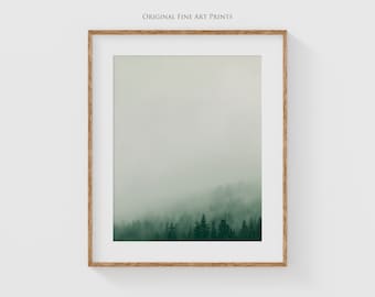 Impression de photographie de paysage forêt brumeuse, impression d'art montagne brouillard, arbres dans la brume photographie, art mural minimaliste pour chambre à coucher