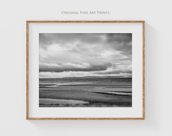 Black and White Beach Landscape Photography Print, Fine Art Photography, Scotland Coastal Art for Home Decor