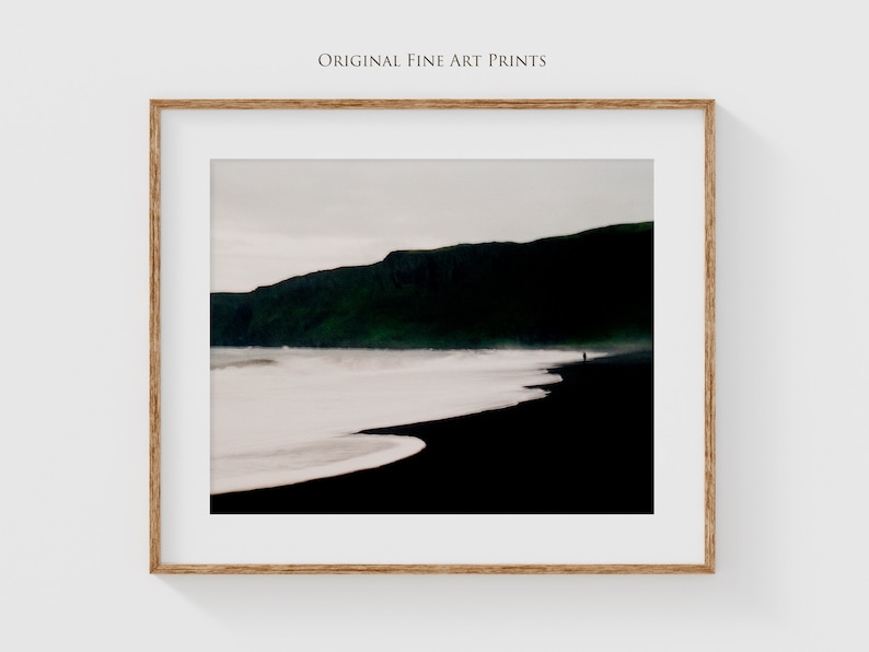 Black Sand Beach Iceland Travel Photography Print, Minimalist Landscape Coastal Wall Art Black and White, Vik Icelandic Beach Poster Print image 1