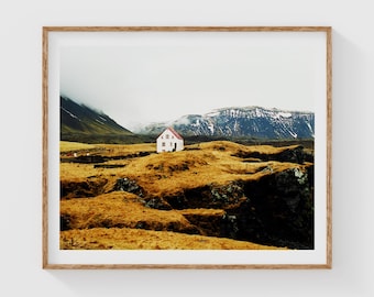 Arte mural de montaña islandesa, impresión de paisaje nórdico melancólico, fotografía de naturaleza rústica de gran tamaño para la decoración de la sala de estar.