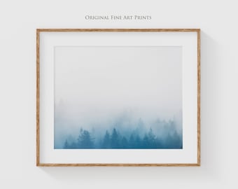 Foggy forest prints - Dramatic blue and white landscape photography of pine trees the perfect bedroom wall decor