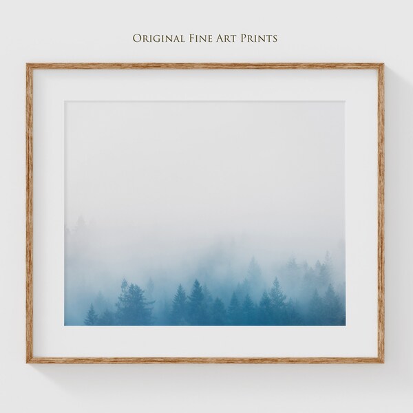 Foggy forest prints - Dramatic blue and white landscape photography of pine trees the perfect bedroom wall decor