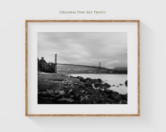 Vancouver Black and White Photography Prints, Landscape of the Lions Gate Bridge from Stanley Park, perfect dining room decor