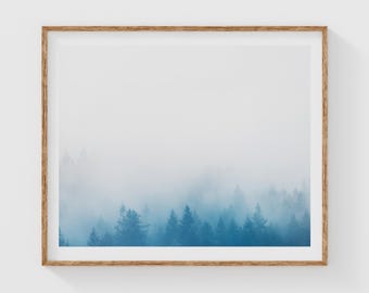 Misty Forest Wall Art, Foggy Forest Print, Moody Blue Landscape Photography, Minimalist Tree Art, Pacific Northwest Wall Decor