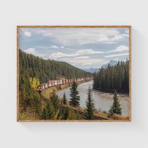 May include: A freight train with multiple shipping containers travels along tracks winding through a dense evergreen forest beside a river. In the background, distant mountains rise under a blue sky with scattered white clouds during the day.