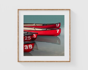 Red Canoes Fine Art, Bold Boat Wall Art, Minimalist Nautical Print