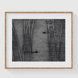 Railroad Tracks Photography Print, Black and White Industrial Wall Art, Minimalist Fine Art Train Decor