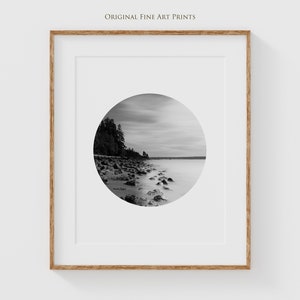 Vancouver photography prints - Black and white circle landscape of Stanley Park sea wall, perfect apartment decor