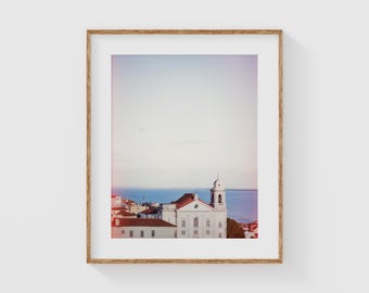 Lisbon Portugal wall art, pastel coastal architecture print, European travel photography, old town decor, soft tones, timeless Europe