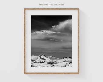 Impression de photographie de paysage de montagne noir et blanc, photographie d'art, art de la montagne enneigée pour le bureau à domicile