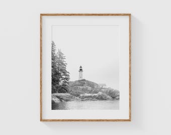 West Vancouver Lighthouse Print, Moody Black and White Photo, Rocky Coastal Wall Art, Fine Art Nature, Travel Photography for Your Home
