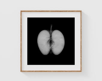 Modern Apple Photography Print, Minimalist Black and White Fruit Art, Kitchen Wall Decor Still Life