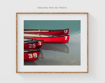 Lake Louise photography prints - Red canoes in The Rocky Mountains, Banff, Canada, the perfect living room wall decor