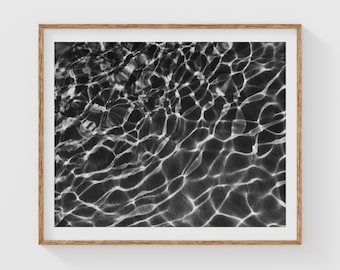 Black and White Water Print, Abstract Light Reflection Photography, Minimalist Monochrome Bathroom Wall Art
