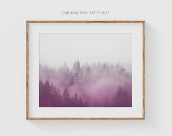 Foggy forest photography prints - Dramatic pink and white landscape photography of pine trees, perfect bedroom wall decor