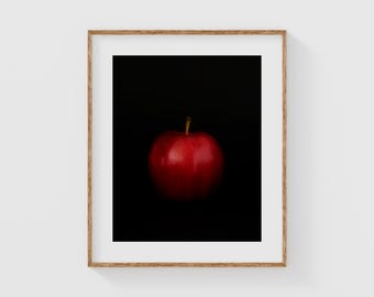 Red Apple Fine Art Photography Print, Minimalist Still Life Wall Art, Bold Modern Kitchen Decor, Black Background Fruit Photo, Moody Print