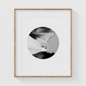 Whistler Landscape Photography Print - Black and White Snowy Mountain Path in Circular Border - Fine Art Travel Photography Wall Art